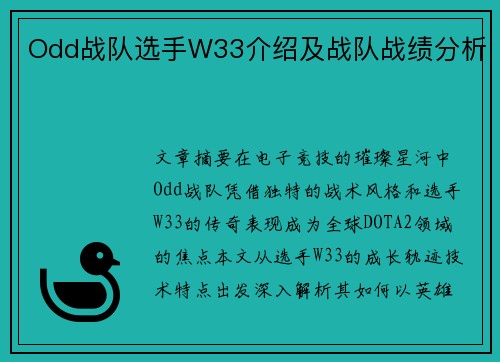 Odd战队选手W33介绍及战队战绩分析